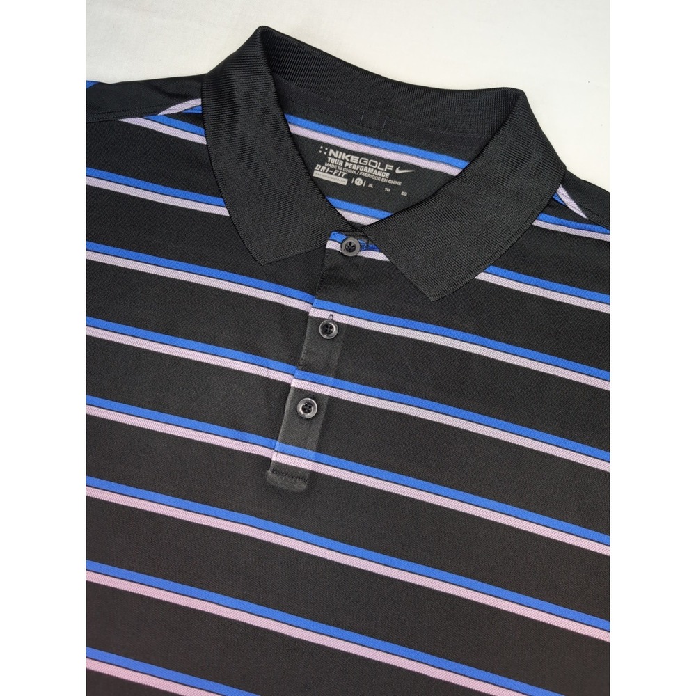 Nike Men's XL The Landings Golf Tour Performance Dri-Fit striped Polo Black Blue
